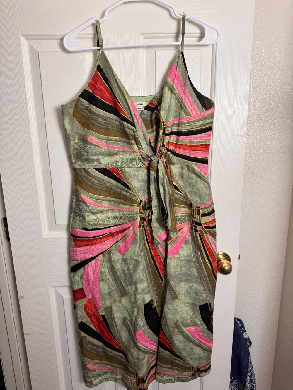 Jason Wu Olive Multicolor Abstract Watercolor Tie-Front Knotted Midi Dress - Picture 3 of 10